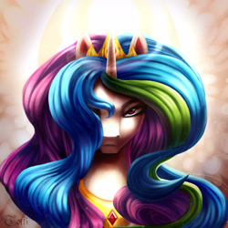 Size: 3000x3000 | Tagged: safe, artist:runettamontbelle, imported from derpibooru, princess celestia, alicorn, pony, female, looking at you, solo