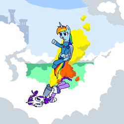 Size: 894x894 | Tagged: safe, artist:funkelpone, imported from derpibooru, rainbow dash, rarity, alicorn, pony, alicornified, blushing, butt, clothes, jetpack, leotard, plot, race swap, rainbowcorn, raricorn, sky, sky background