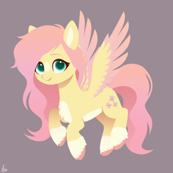 Size: 1000x1000 | Tagged: safe, artist:luminousdazzle, imported from derpibooru, fluttershy, pegasus, pony, blaze (coat marking), brown background, chest fluff, coat markings, colored ear fluff, colored hooves, colored wings, cute, cutie mark, facial markings, female, flying, g4, long mane, looking at you, mare, multicolored wings, pale belly, redesign, shyabetes, simple background, smiling, smiling at you, socks (coat markings), solo, spread wings, three quarter view, two toned wings, unshorn fetlocks, wings