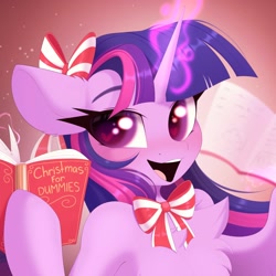 Size: 1940x1940 | Tagged: safe, artist:kebchach, imported from derpibooru, twilight sparkle, pony, unicorn, :d, book, chest fluff, christmas, cute, glowing, glowing horn, heart, heart eyes, holiday, horn, human shoulders, magic, open mouth, open smile, smiling, solo, telekinesis, twiabetes, unicorn twilight, wingding eyes