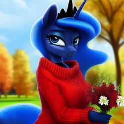 Size: 1024x1024 | Tagged: safe, editor:dovakkins, imported from derpibooru, princess luna, alicorn, anthro, ai content, ai generated, autumn, beautiful, bouquet, clothes, crown, female, flower, generator:novelai, generator:stable diffusion, jewelry, park, regalia, smiling, sweater