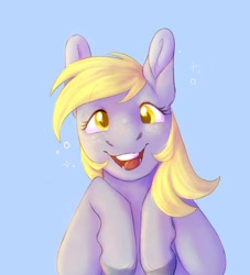 Size: 1080x1187 | Tagged: safe, artist:floofyhusky, imported from derpibooru, derpy hooves, earth pony, blue background, happy, simple background, solo