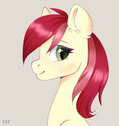 Size: 2720x2882 | Tagged: safe, artist:ske, imported from derpibooru, roseluck, earth pony, pony, bust, ear fluff, female, flower, high res, looking at you, mare, profile, rose, side view, simple background, smiling, smiling at you, solo