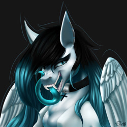 Size: 1500x1500 | Tagged: safe, artist:runettamontbelle, imported from derpibooru, oc, oc only, pegasus, dark, fangs, long tongue, solo, tongue out