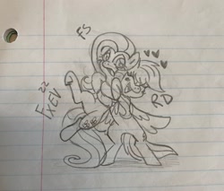 Size: 2048x1745 | Tagged: safe, artist:fennexenev, imported from derpibooru, fluttershy, rainbow dash, pegasus, pony, bipedal, blushing, cute, dashabetes, female, flutterdash, heart, hug, lesbian, lined paper, monochrome, pencil drawing, shipping, shyabetes, traditional art