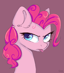 Size: 2520x2850 | Tagged: safe, artist:ske, imported from derpibooru, pinkie pie, earth pony, pony, female, frown, mare, red background, simple background, solo, tongue out