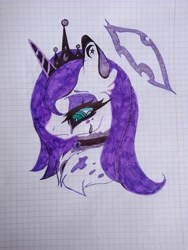 Size: 3120x4160 | Tagged: safe, artist:nidyafallen, imported from derpibooru, oc, oc only, pony, unicorn, chest fluff, choker, ear fluff, graph paper, horn, jewelry, makeup, sad, tiara, traditional art, unicorn oc