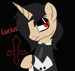 Size: 921x867 | Tagged: safe, artist:nidyafallen, imported from derpibooru, pony, unicorn, black background, bust, horn, lucius, lucius wagner, makeup, necktie, ponified, simple background, solo, unicorn oc