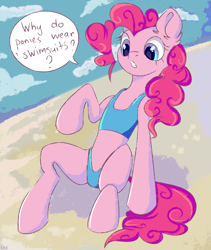 Size: 2520x2990 | Tagged: safe, artist:ske, imported from derpibooru, pinkie pie, earth pony, pony, beach, clothes, solo, speech bubble, swimsuit, we don't normally wear clothes