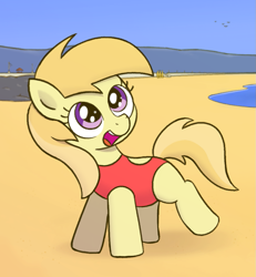 Size: 1033x1120 | Tagged: safe, artist:algoatall, noi, earth pony, pony, beach, clothes, female, filly, smiling, solo, swimsuit