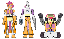 Size: 3000x1847 | Tagged: artist needed, safe, imported from derpibooru, apple bloom, scootaloo, sweetie belle, robot, cutie mark crusaders, getter robo, looking at you, mecha, older, older apple bloom, older cmc, older scootaloo, older sweetie belle, simple background, transparent background