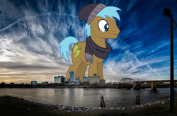 Size: 2048x1346 | Tagged: safe, artist:dragonchaser123, artist:jaredking779, imported from derpibooru, neigh sayer, earth pony, pony, arkansas, background pony, beanie, city, clothes, giant pony, giant/macro earth pony, hat, highrise ponies, irl, little rock, macro, male, mega giant, photo, ponies in real life, scarf, stallion