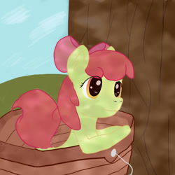 Size: 1000x1000 | Tagged: safe, artist:i-like-luna, imported from derpibooru, apple bloom, earth pony, pony, bucket, female, filly, foal, if i fits i sits, solo, tree