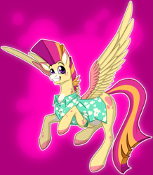 Size: 1175x1346 | Tagged: safe, artist:mechanakal, derpibooru exclusive, imported from derpibooru, oc, oc only, oc:larry berry, pegasus, pony, abstract background, clothes, colored lineart, flying, glow, grin, looking up, male, mohawk, needs more saturation, outline, pegasus oc, pink background, ponysona, raised hoof, shirt, simple background, smiling, solo, spread wings, stallion, white outline, wings