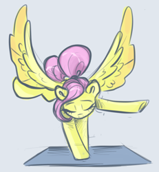 Size: 934x1013 | Tagged: safe, artist:smirk, imported from derpibooru, fluttershy, pegasus, pony, colored sketch, eyes closed, ponytail, solo, spread wings, wings, yoga, yoga mat