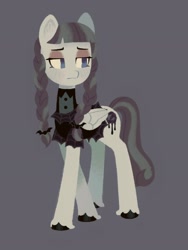 Size: 1536x2048 | Tagged: safe, artist:vanillavache, imported from derpibooru, inky rose, pegasus, pony, braid, clothes, female, folded wings, goth, gray background, mare, simple background, solo, unshorn fetlocks, wings