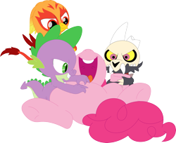 Size: 3552x2905 | Tagged: safe, artist:porygon2z, imported from derpibooru, pinkie pie, spike, oc, oc:heatwave, dragon, earth pony, griffon, pony, broken horn, chickub, collar, crossover, horn, king clawthorne, pet tag, porygon2z's trio, show accurate, simple background, skull, the owl house, tickling, titan, transparent background