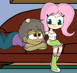 Size: 1505x1436 | Tagged: safe, artist:haileykitty69, imported from derpibooru, fluttershy, human, equestria girls, boots, clothes, crossover, crossover shipping, denim, duo, female, fluttermour, human coloration, jeans, male, pants, seymour skinner, shipping, shirt, shoes, skirt, straight, the simpsons