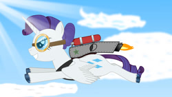 Size: 1192x670 | Tagged: safe, artist:dandylionpony, imported from derpibooru, rarity, alicorn, alicornified, cloud, flying, goggles, grin, hair bun, jetpack, race swap, raricorn, sky, sky background, smiling