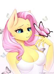 Size: 1600x2200 | Tagged: safe, artist:slimorinkaowo, imported from derpibooru, fluttershy, anthro, butterfly, pegasus, adorasexy, beautiful, breasts, busty fluttershy, cleavage, cute, female, nails, sexy, shyabetes, simple background, solo, white background, wingless, wingless anthro