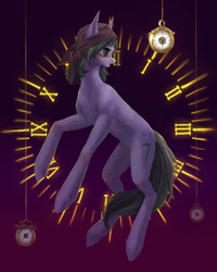 Size: 1728x2160 | Tagged: safe, artist:inarimayer, imported from derpibooru, oc, oc only, oc:dusty soil, earth pony, pony, art trade, clock, clock face, clothes, earth pony oc, gold, headscarf, oda 997, pocket watch, purple background, scarf, simple background, solo, watch