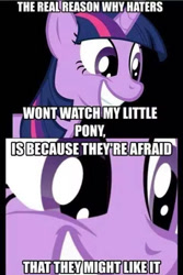 Size: 481x720 | Tagged: safe, imported from derpibooru, twilight sparkle, pony, unicorn, black background, caption, female, haters, image macro, impact font, meme, simple background, smiling, solo, text, truth, unicorn twilight