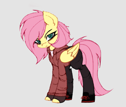 Size: 1307x1111 | Tagged: safe, artist:menalia, imported from derpibooru, fluttershy, pegasus, pony, alternate design, alternate hairstyle, alternate universe, beige background, clothes, female, fingerless gloves, folded wings, gloves, hoodie, hoof shoes, looking at you, mare, pants, shirt, shoes, short mane, simple background, sneakers, solo, standing, t-shirt, three quarter view, wings