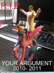 Size: 500x673 | Tagged: safe, imported from derpibooru, princess celestia, alicorn, pony, artifact, computer, desk, female, irl, jesus christ, keyboard, male, meme, merchandise, my little brony, photo, riding, riding a pony, text, toy, watermark, your argument is invalid