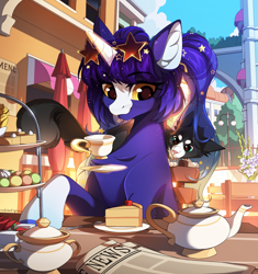 Size: 2400x2556 | Tagged: safe, artist:redchetgreen, imported from derpibooru, oc, oc only, cat, pony, unicorn, beautiful, cake, cake slice, cup, cute, food, newspaper, ocbetes, solo, spoon, teacup, teapot
