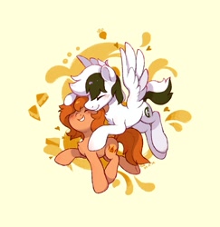 Size: 1197x1230 | Tagged: safe, artist:drtuo4, imported from derpibooru, oc, oc only, earth pony, pegasus, pony, duo, simple background, yellow background