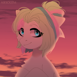 Size: 2000x2000 | Tagged: safe, artist:arsolem, imported from derpibooru, oc, oc only, earth pony, pony, cloud, colored, evening, female, flat colors, sky, solo, sunset