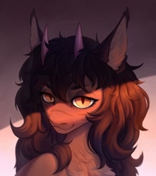 Size: 1920x2160 | Tagged: safe, artist:inarimayer, imported from derpibooru, oc, oc only, hybrid, pony, bust, commission, ear fluff, eyebrows, horn, horns, light, looking at you, multiple horns, portrait, slit pupils, solo, stripes