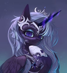 Size: 1983x2160 | Tagged: safe, artist:inarimayer, imported from derpibooru, oc, oc only, alicorn, pony, alicorn oc, commission, horn, jewelry, magic, magic aura, markings, regalia, silver, slit pupils, solo, sparkles, tiara, wings