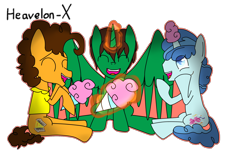 Size: 2000x1210 | Tagged: safe, artist:heavelon-x, imported from derpibooru, cheese sandwich, party favor, oc, oc:frost d. tart, alicorn, earth pony, unicorn, alicorn oc, cotton candy, horn, male, simple background, stallion, transparent background, wings