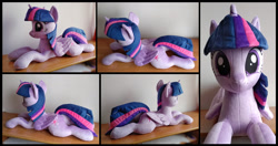 Size: 2368x1252 | Tagged: safe, artist:littlefairyswonders, imported from derpibooru, twilight sparkle, alicorn, pony, irl, lying down, photo, plushie, prone, smiling, solo, sploot, twilight sparkle (alicorn)