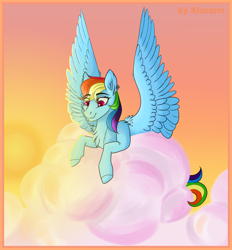 Size: 1300x1400 | Tagged: safe, artist:kiararrr, imported from derpibooru, rainbow dash, pegasus, pony, cloud, looking down, on a cloud, smiling, solo, sun, sunset