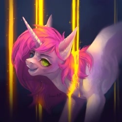 Size: 2160x2160 | Tagged: safe, artist:inarimayer, imported from derpibooru, oc, oc only, oc:bubblegum kiss, pony, unicorn, bust, female, gold, heterochromia, horn, imminent decapitation, insanity, light, mare, open mouth, shrunken pupils, simple background, smiling, solo, unicorn oc