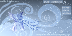 Size: 5000x2500 | Tagged: safe, artist:fluffywhirlpool, imported from derpibooru, oc, pony, advertisement, any gender, any race, clothes, commission, crescent moon, full body, looking up, moon, mountain, scarf, sky background, smiling, snow, snowfall, solo, stars, text, wind, winter, your character here