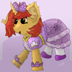 Size: 3000x3000 | Tagged: safe, artist:spiroudada, imported from derpibooru, oc, oc only, oc:knight hollow, pony, unicorn, bow, clothes, crossdressing, cute, dress, falling, jumping, male, purple, ribbon, shoes, simple background, sissy, skirt, smiling, solo, stallion