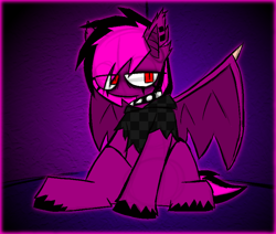 Size: 1664x1412 | Tagged: safe, artist:xxv4mp_g4z3rxx, imported from derpibooru, oc, oc:violet valium, bat pony, clothes, ear piercing, emo, female, hoodie, mare, piercing, red eyes, sitting, solo