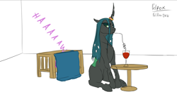 Size: 1278x721 | Tagged: safe, artist:felfox, imported from derpibooru, princess flurry heart, queen chrysalis, alicorn, changeling, changeling queen, alcohol, auntie chrissy, crazy straw, crib, crying, drinking, drinking straw, duo, female, foal, glass, horn, horn ring, lidded eyes, ring, simple background, sitting, table, unamused, white background, wine, wine glass