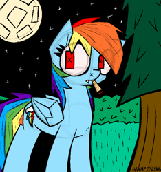 Size: 1444x1541 | Tagged: safe, artist:xxv4mp_g4z3rxx, imported from derpibooru, rainbow dash, pegasus, pony, bush, drug use, drugs, marijuana, moon, multicolored hair, night, rainbow hair, red eyes, solo, stars, tree