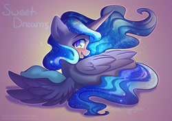 Size: 1389x982 | Tagged: safe, artist:chaosangeldesu, imported from derpibooru, princess luna, alicorn, pony, blushing, cute, looking at you, pillow, smiling, smiling at you, solo, wings