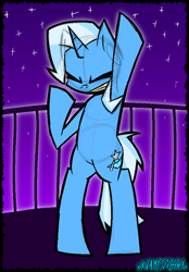 Size: 722x1038 | Tagged: safe, artist:xxv4mp_g4z3rxx, imported from derpibooru, trixie, semi-anthro, unicorn, bipedal, blue coat, eyes closed, female, happy, mare, solo, stars