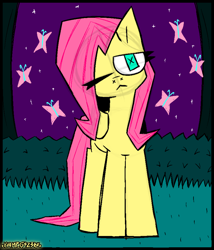 Size: 1586x1856 | Tagged: safe, artist:xxv4mp_g4z3rxx, imported from derpibooru, fluttershy, butterfly, pegasus, pony, blue eyes, bush, grass, looking at you, night, one eye closed, pink mane, solo, stars, tree, yellow coat