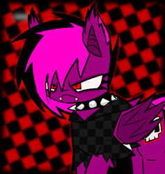 Size: 1164x1226 | Tagged: safe, artist:xxv4mp_g4z3rxx, imported from derpibooru, oc, oc only, oc:violet valium, bat pony, angry, bat pony oc, clothes, collar, fangs, folded wings, hoodie, purple coat, red eyes, solo, spiked collar, two toned mane, wings