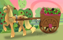 Size: 1552x988 | Tagged: safe, artist:cosmicdragonkay, imported from derpibooru, applejack, earth pony, pony, apple, apple tree, cart, female, food, solo, tree