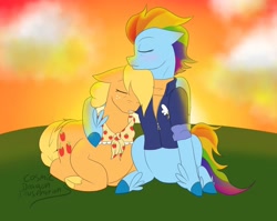 Size: 1370x1093 | Tagged: safe, artist:cosmicdragonkay, imported from derpibooru, applejack, rainbow dash, pony, the last problem, appledash, duo, eyes closed, female, hug, lesbian, older, older applejack, older rainbow dash, shipping