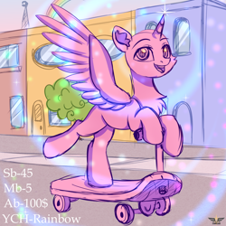 Size: 3000x3000 | Tagged: safe, artist:fluffywhirlpool, imported from derpibooru, oc, pony, advertisement, any gender, any race, chest fluff, commission, full body, looking at you, open mouth, open smile, rainbow, scooter, smiling, smiling at you, solo, town, your character here