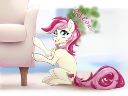 Size: 4000x3000 | Tagged: safe, artist:silverfir111, imported from derpibooru, roseluck, earth pony, pony, behaving like a cat, collar, commission, commissioner:doom9454, cute, meow, pet tag, pony pet, rosepet, solo